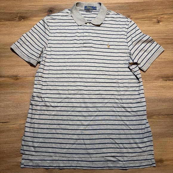 Polo Ralph Lauren Shirt Mens LARGE Gray Navy Striped Pima Soft Touch Flesh Pony - Picture 2 of 9